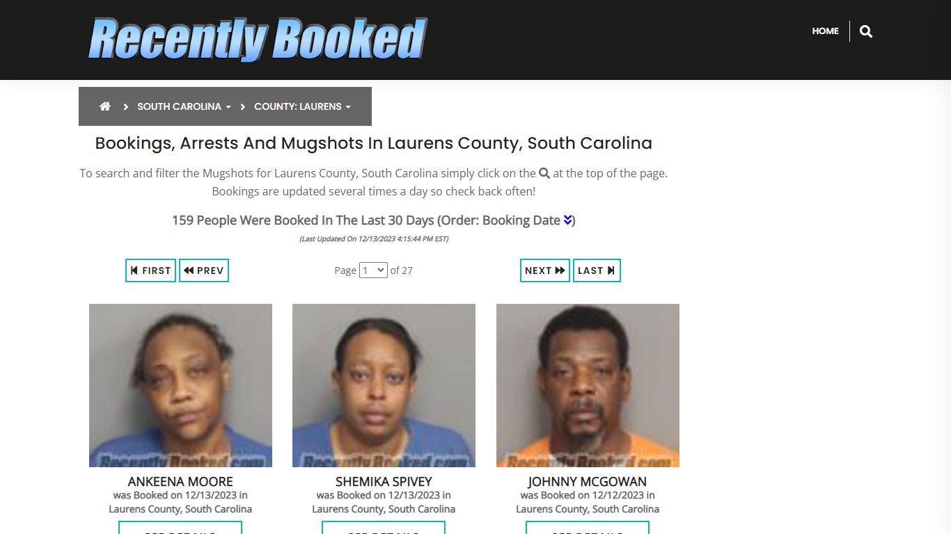 Bookings, Arrests and Mugshots in Laurens County, South Carolina